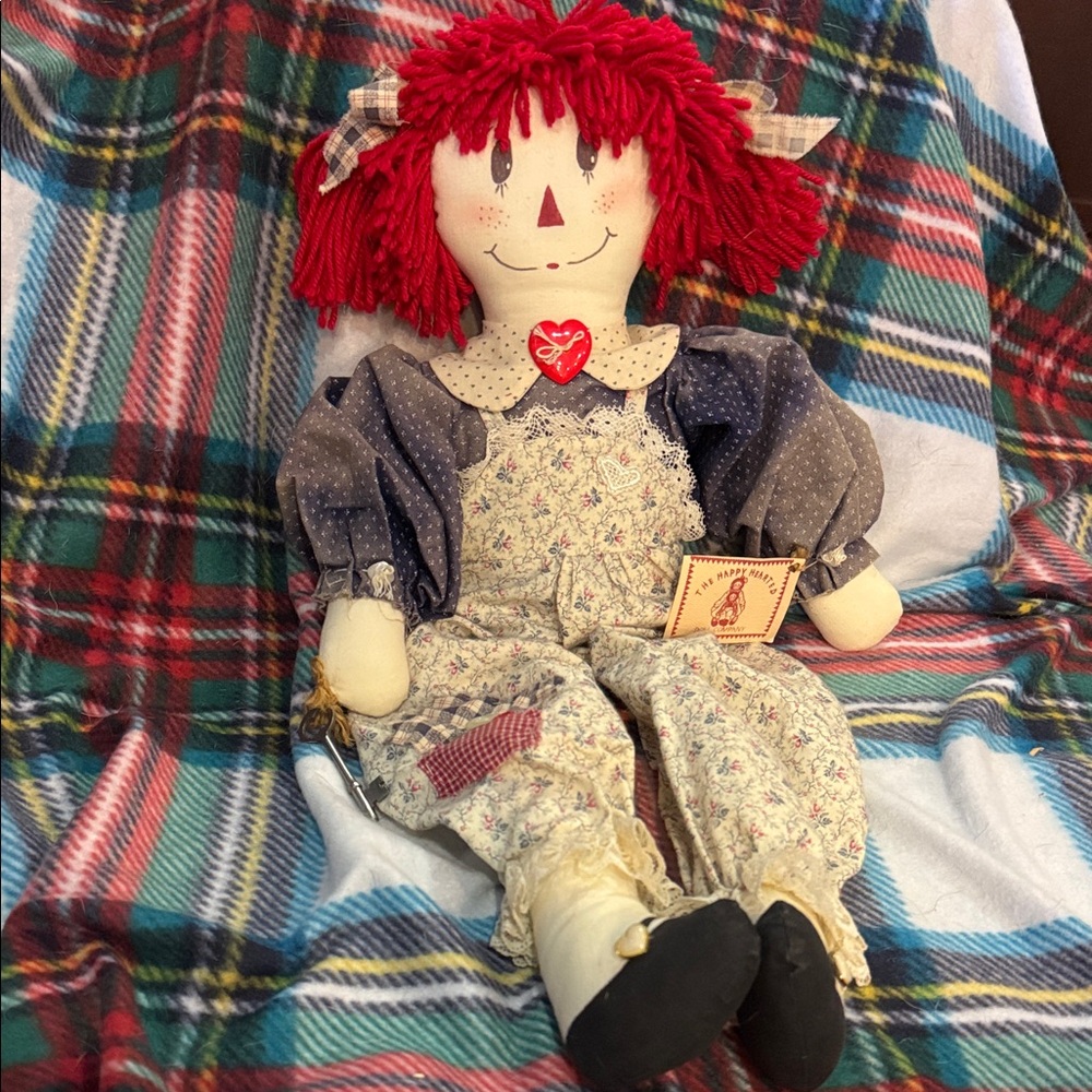 Vintage Primitive Rag Doll with Red Hair and Blue Overalls Raggedy Ann